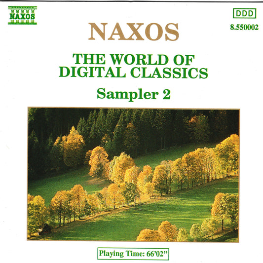 Naxos 'The World of Digital Classics Sampler 2' album cover featuring a landscape photo of autumn trees on green hills, with green and gold text on a white background.
