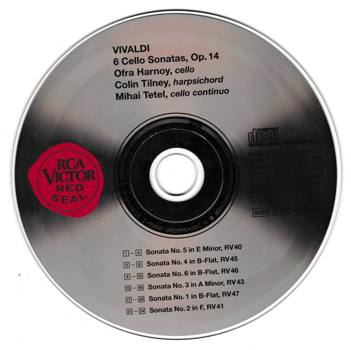 A compact disc for Vivaldi's 6 Cello Sonatas, Op. 14, featuring a black and silver reflective surface with a red circular 'RCA Victor Red Seal' logo on the left.
