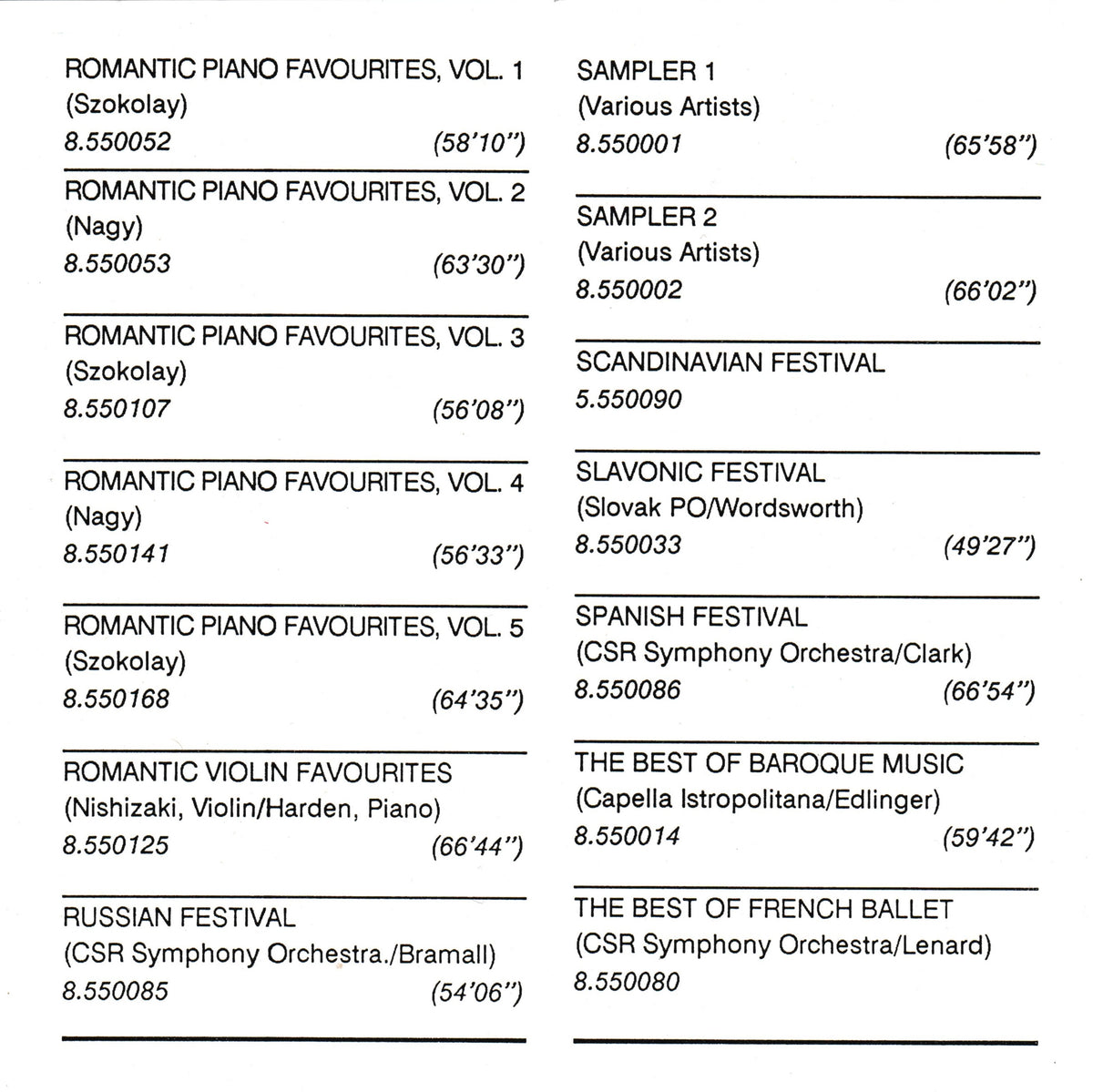 A black-and-white printed program or booklet page listing multiple music festival and album titles with performance times, including Romantic Piano Favourites volumes, Scandinavian Festival, Slavonic Festival, Spanish Festival, Russian Festival, The Best of Baroque Music, and The Best of French Ballet.
