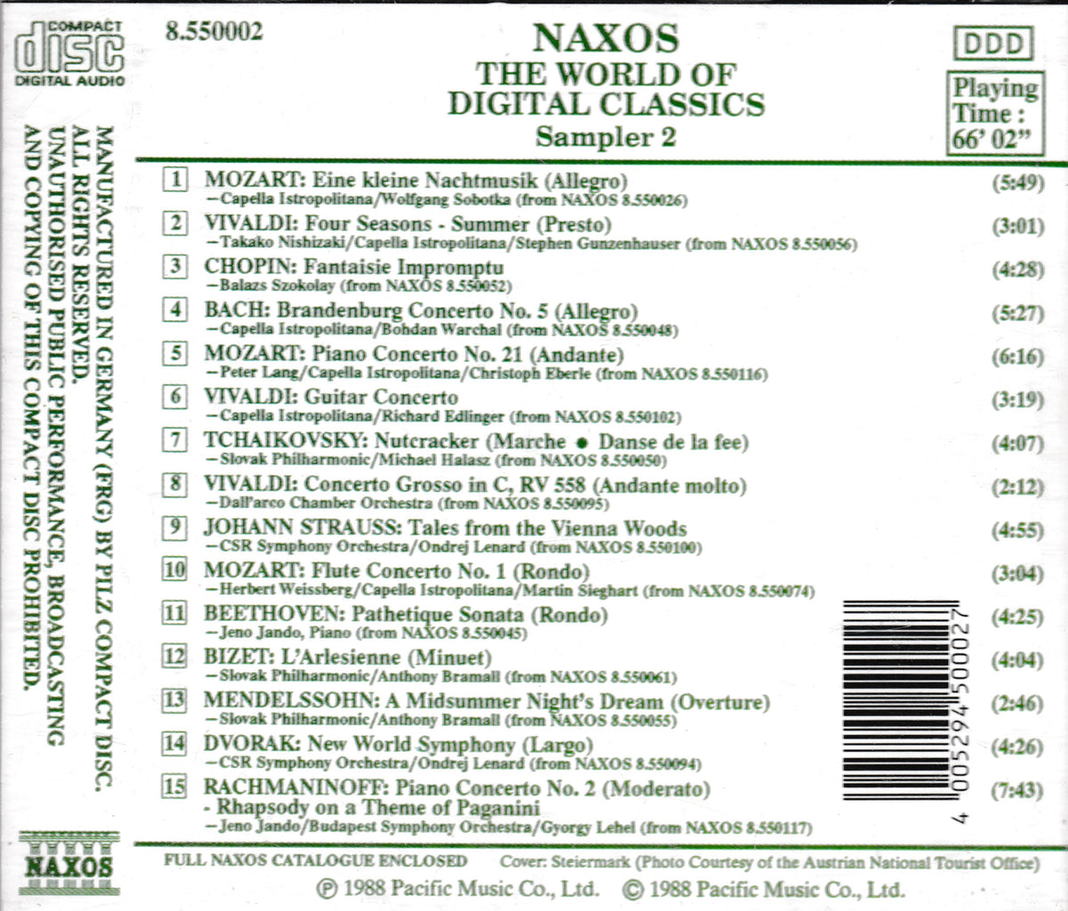The back cover of a Naxos CD release titled 'The World of Digital Classics Sampler 2', showing tracklist, playing time, barcode, and copyright information on a white background.