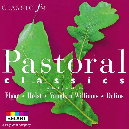 Album cover for 'Pastoral Classics' featuring two green oak leaves on a magenta background, with white title text and the BELART logo at the bottom.