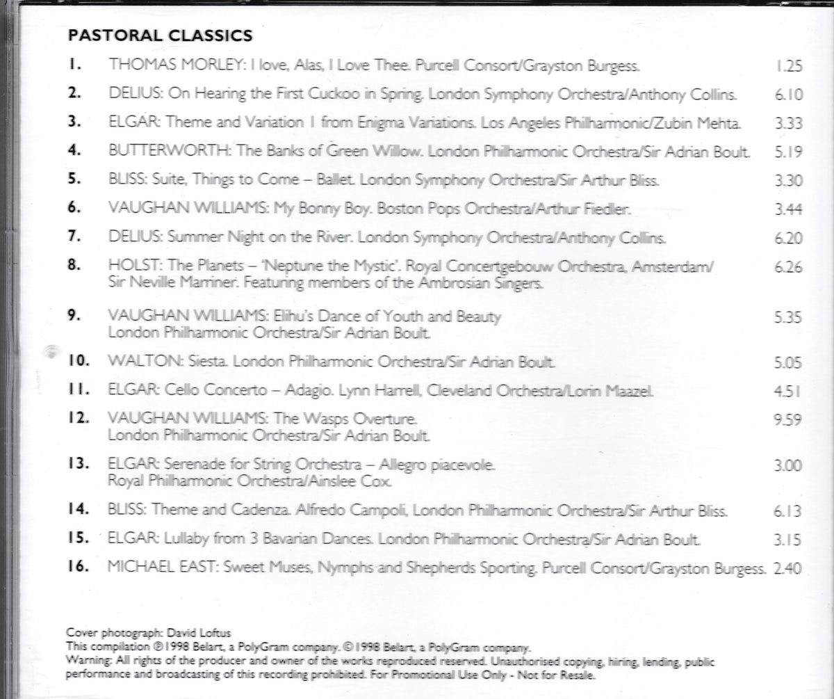 A printed tracklist page titled 'PASTORAL CLASSICS' showing a list of songs with composer and performer names on a white background.