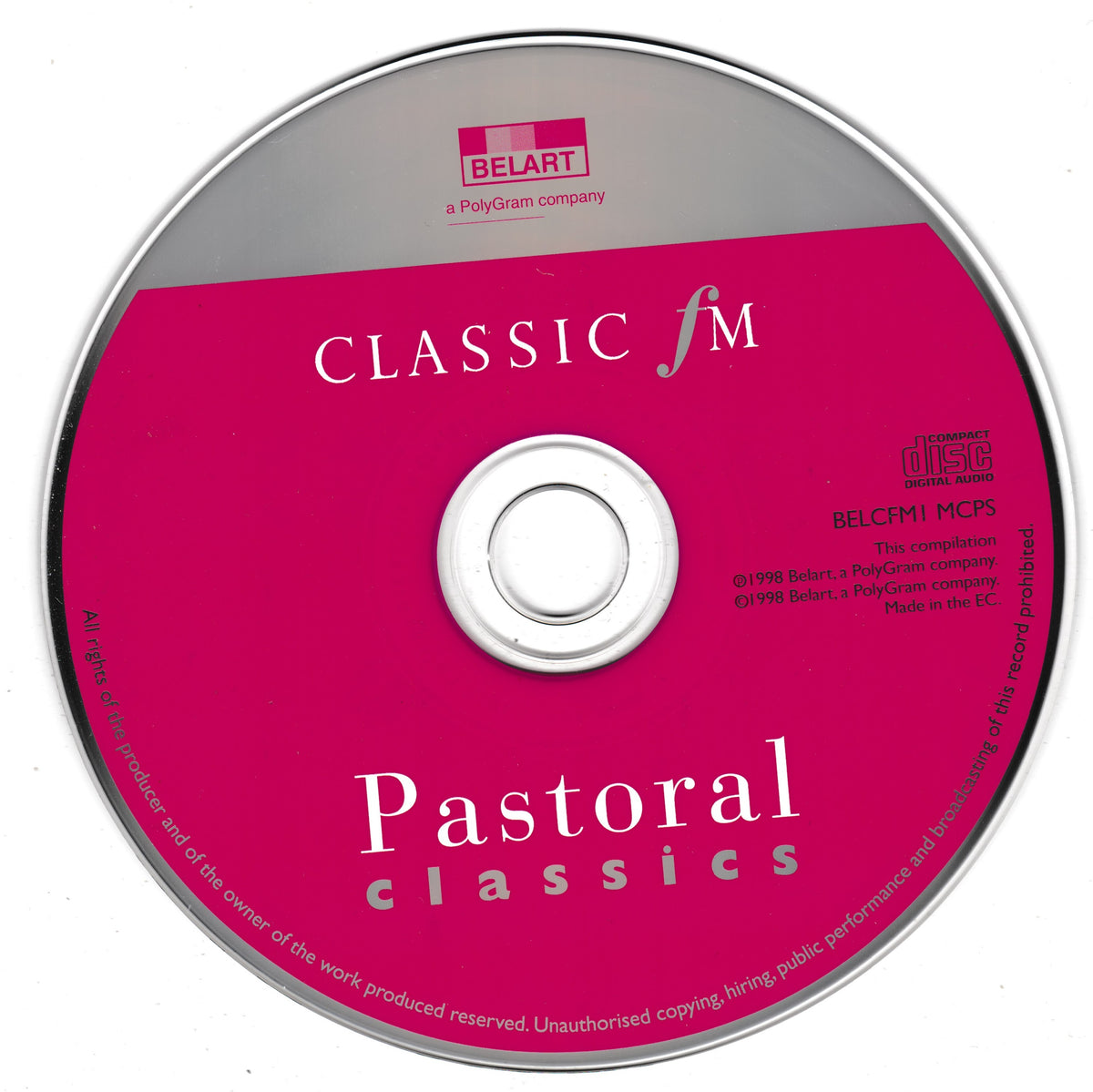 A Belart Classic FM 'Pastoral Classics' CD with a magenta pink label on a silver reflective disc.