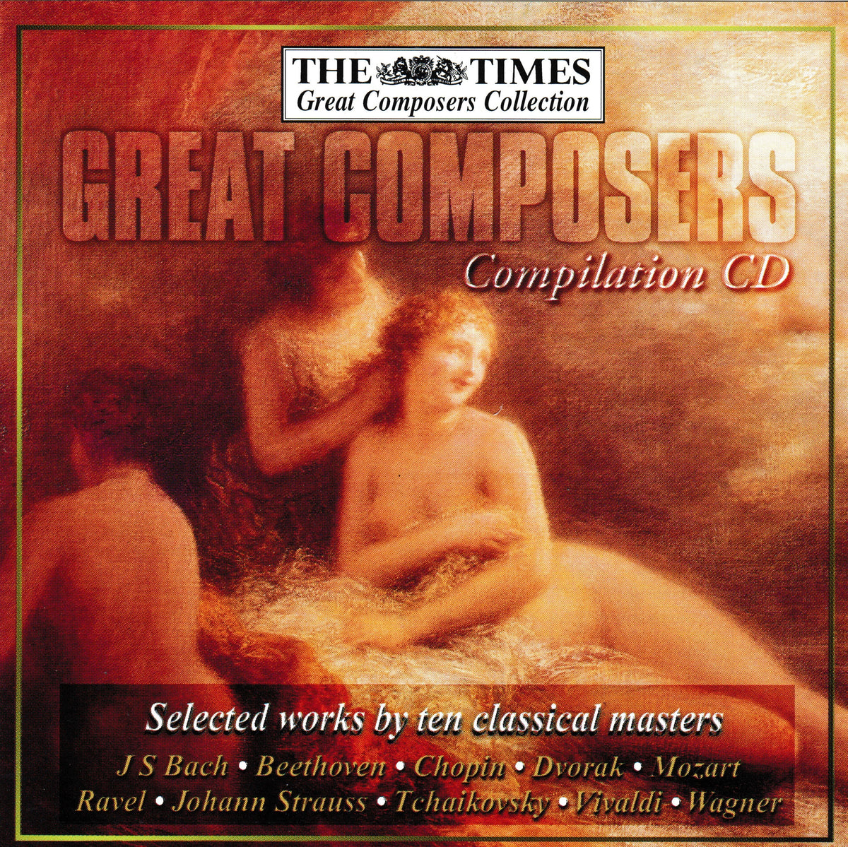 The Times Great Composers Collection Compilation CD album cover featuring a classical painting of figures in warm golden-brown tones, with text listing composers such as Bach, Beethoven, Chopin, Dvorak, Mozart, Ravel, Johann Strauss, Tchaikovsky, Vivaldi, and Wagner.