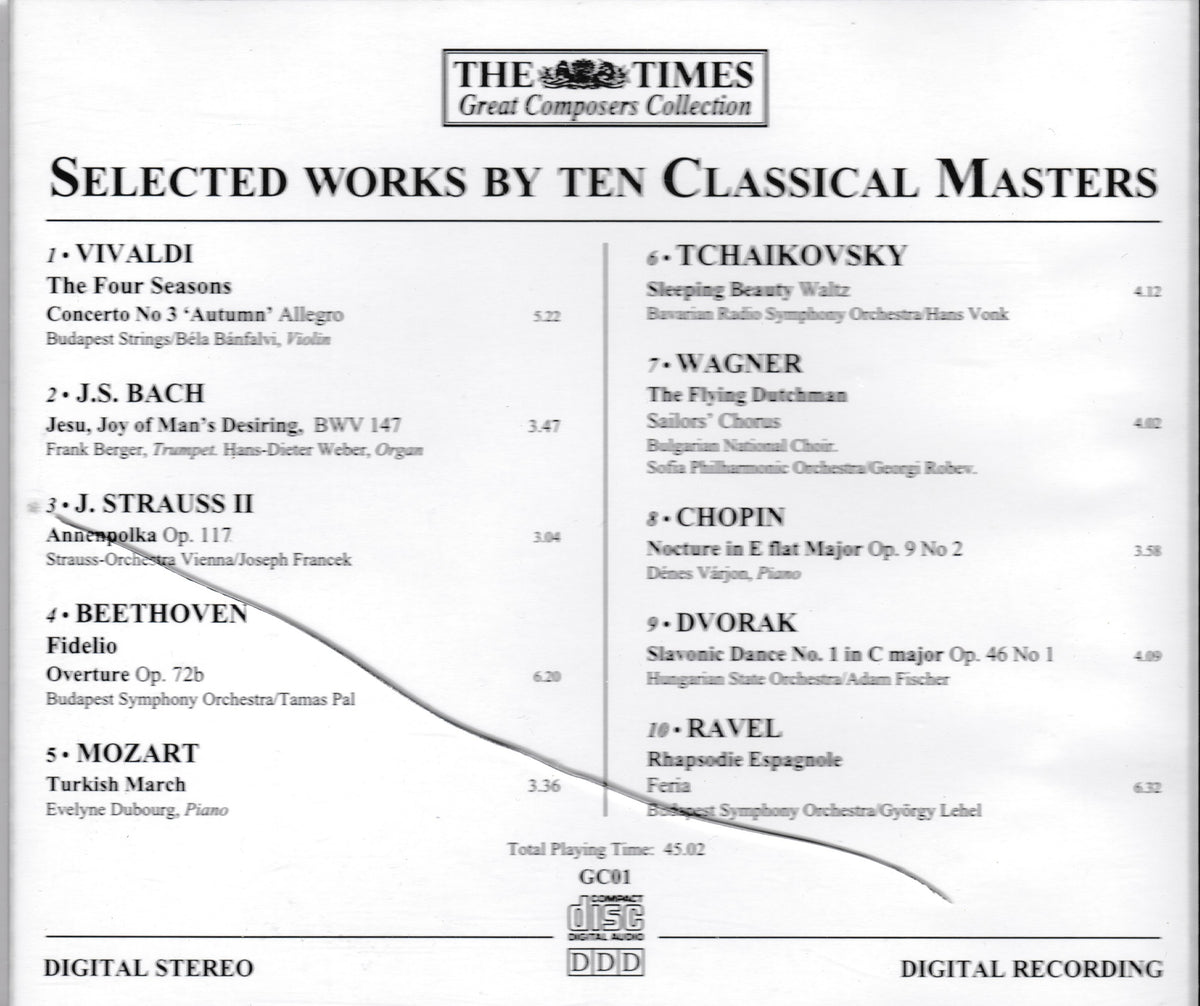 A black-and-white CD booklet page titled "Selected works by ten classical masters" with a list of composers and musical works, plus "The Times Great Compositors" branding at the top.