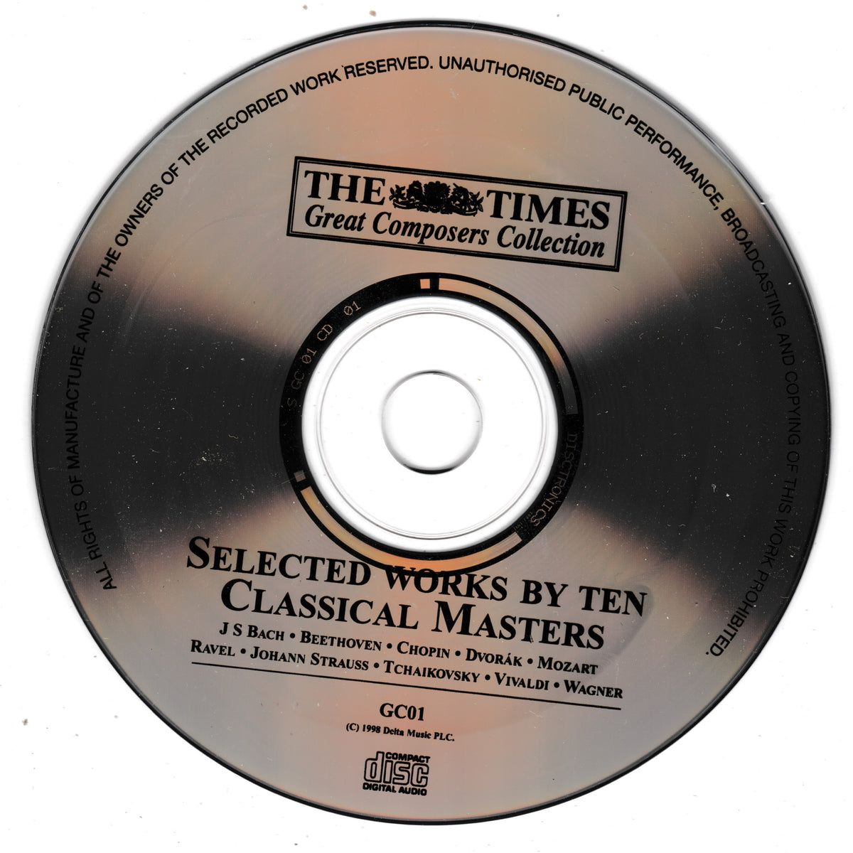 A compact disc from The Times Great Composers Collection titled 'Selected Works by Ten Classical Masters' with visible Discmedia logo at the bottom, photographed on a plain white background.