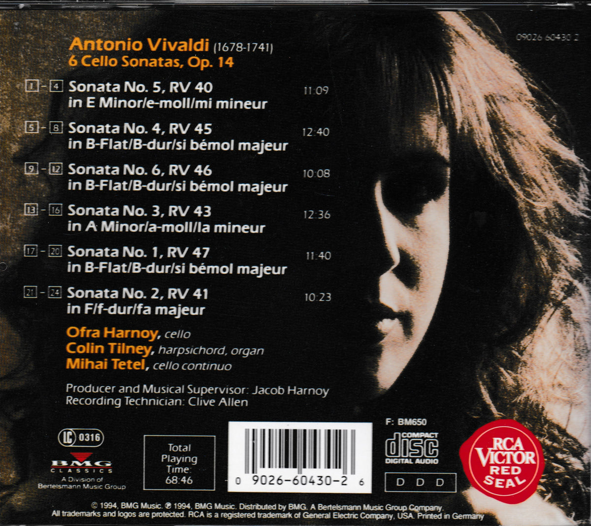 The back cover of a CD album for Antonio Vivaldi's 'Cello Sonatas, Op. 14', featuring a black background, orange and white text tracklist, a close-up photo of a woman's face on the right, and a red circular 'CDC Red Seal' logo in the bottom right corner.