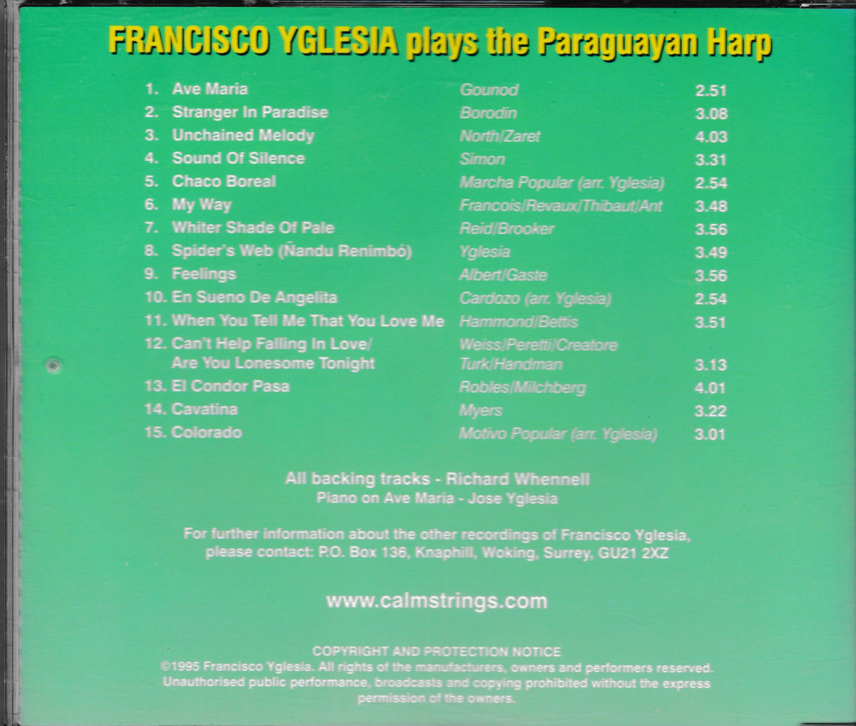 The back cover of a CD album featuring a green background with yellow title text reading 'FRANCISCO YGLESIA plays the Paraguayan Harp' and a track list below.