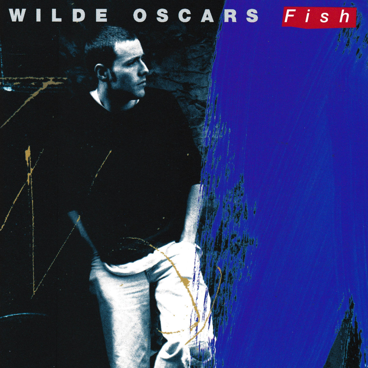 Album cover for Wilde Oscars' 'Fish', featuring a black-and-white photo of a man on the left and a large blue brushstroke on the right, with the artist's name and album title at the top.