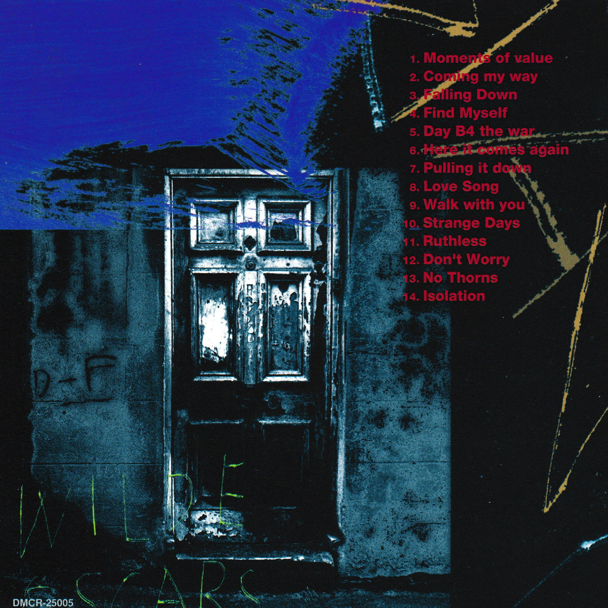 Album cover artwork featuring a dark blue and black textured background, a central weathered door, a tracklist in red on the right, and the album title text at the bottom.