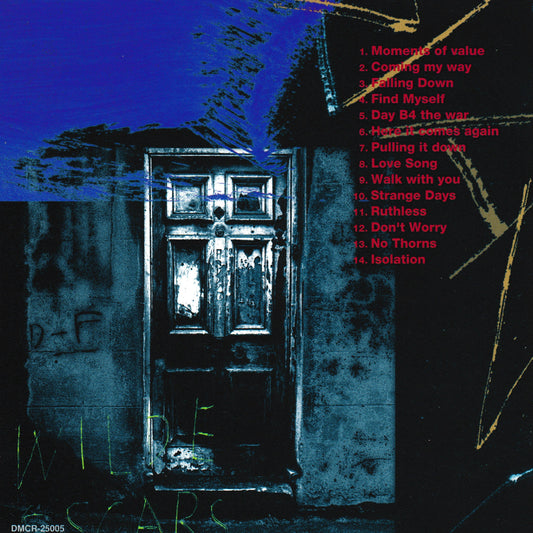 Album cover artwork featuring a dark blue and black textured background, a central weathered door, a tracklist in red on the right, and the album title text at the bottom.