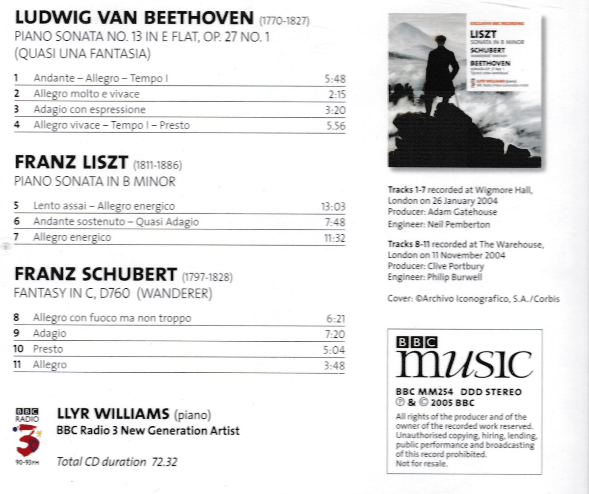 CD cover for a classical music compilation featuring Ludwig van Beethoven, Franz Liszt, and Franz Schubert, with a BBC Music logo and Llyr Williams branding.