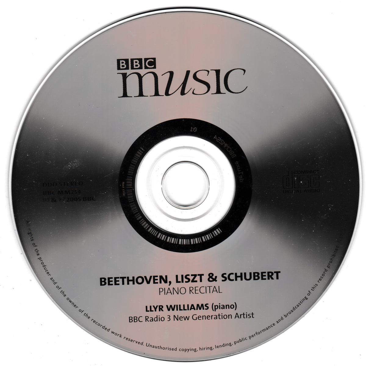 A silver BBC Music CD with black text reading 'BBC music' and 'Beethoven, Liszt & Schubert Piano Recital' on a plain white background.