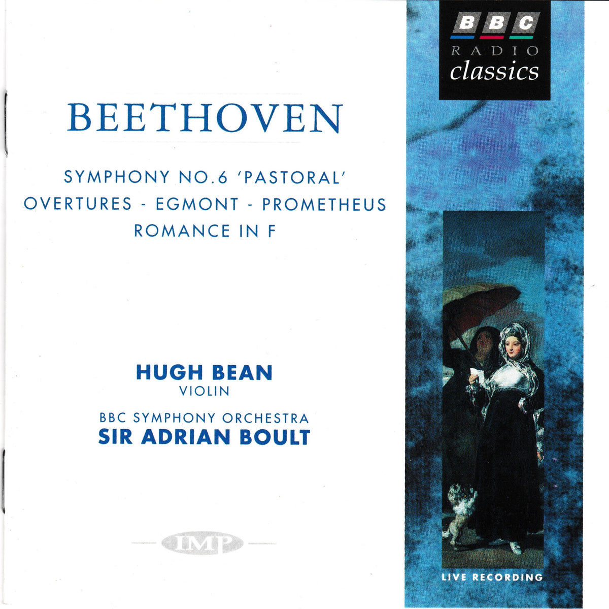 Album cover for BBC Radio Classics' Hugh Bean's violin recording of Beethoven's Symphony No. 6 'Pastoral', featuring blue text on a white background and a blue-toned painting of a woman on the right.