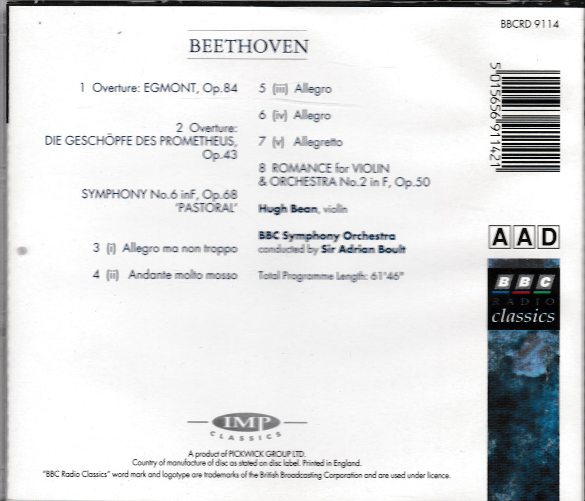 The back cover of a BBC Radio Classics CD release of Beethoven's Overtures, featuring track listings, a barcode, and the AAD and IMP Classics logos on a white background.