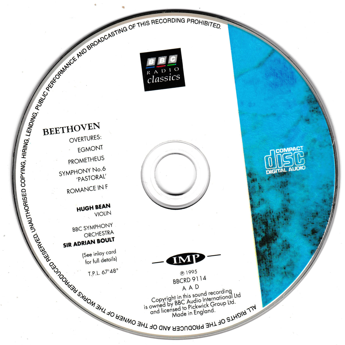 A compact CD for Radio Classics, featuring Beethoven's Overtures: Egmont, Prometheus, Symphony No. 6, and Pastoral.