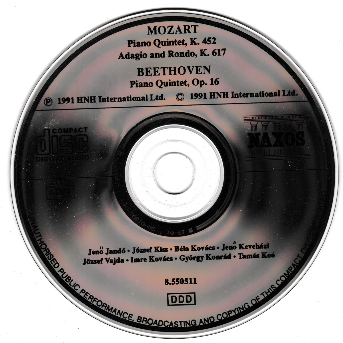 A compact disc music release with black printed label text on a reflective silver disc, featuring Mozart and Beethoven piano quintet works. Visible brands include Naxos and HNH International.
