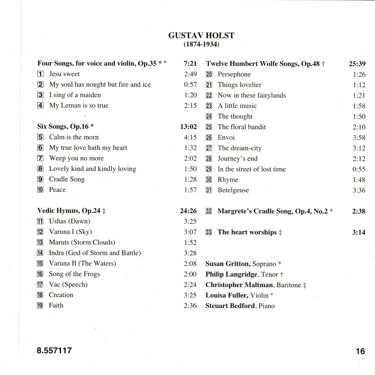 A printed sheet for Gustav Holst's 'Four Songs, Op.35'