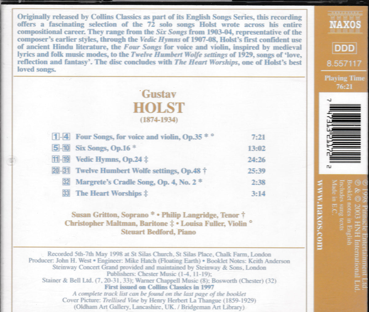 The back cover of a CD album for Gustav Holst's 'The Wind Worshippers', showing tracklist, credits, barcode, and Naxos branding on a white background.