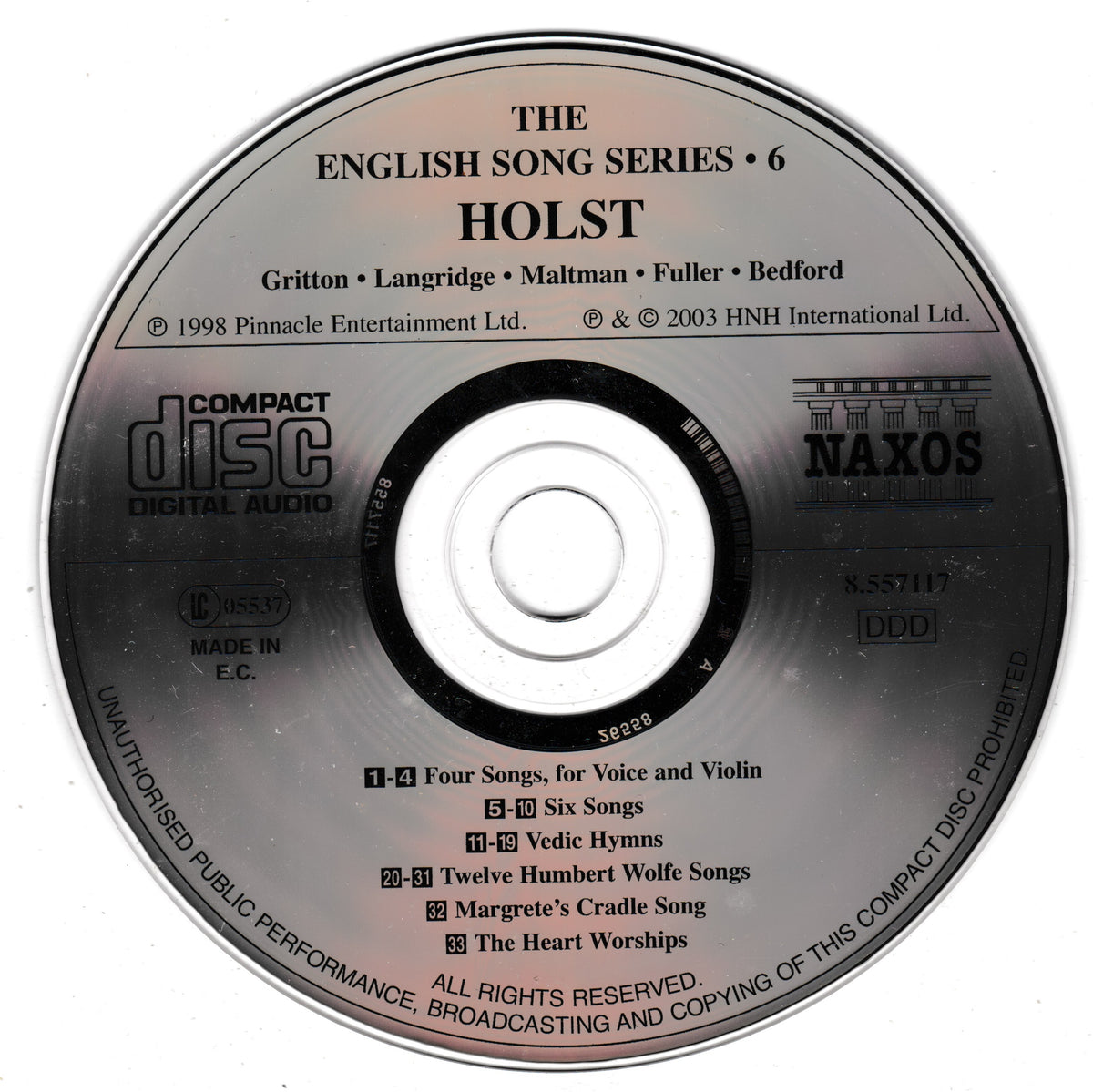 A compact disc for 'The English Song Series 6' by Holst, featuring tracklistings and publisher logos including Pinnacle Entertainment and Naxos on a reflective silver surface.
