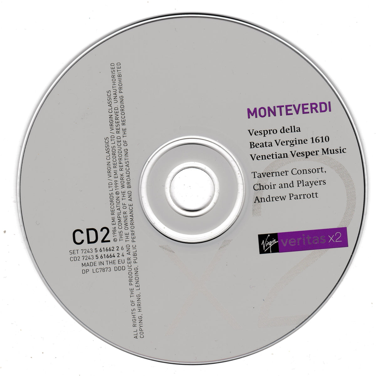 A silver CD disc for Monteverdi's 'Vespro della Beata Vergine 1610' on a white background, featuring black and purple text with a Virgin Classics and Veritas X2 logo.