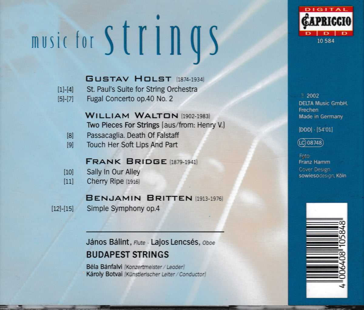 The back cover of a CD album titled 'music for strings' featuring classical string quartet arrangements. The cover has a light blue and white textured background with a solid dark blue vertical band on the right containing track listings for Gustav Holst, William Walton, Frank Bridge, and Benjamin Britten, plus the 'Digital Capriccio Didd' publisher logo at the top right.