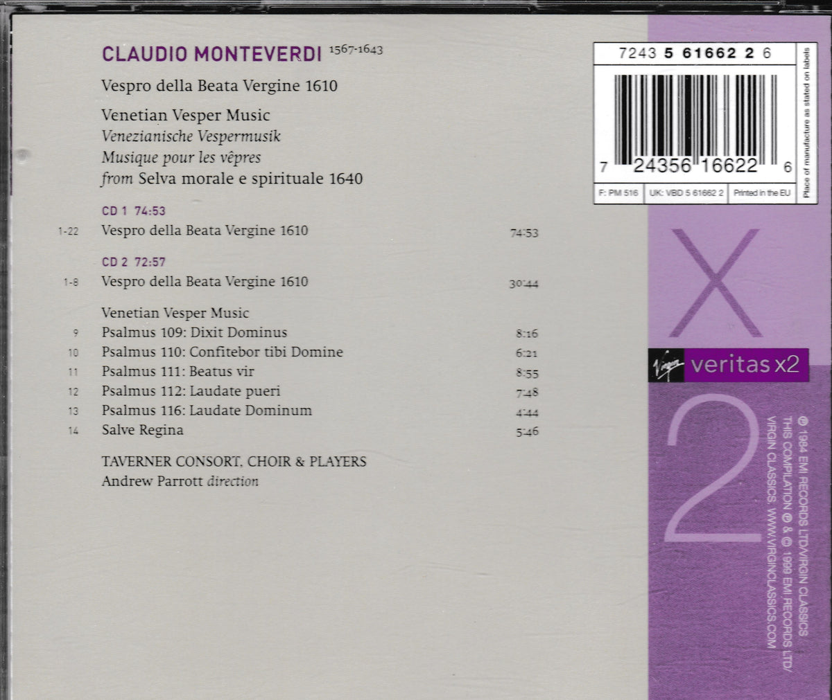 The back cover of a Claudio Monteverdi CD album titled 'Vespro della Beata Vergine 1610', featuring track listings, a barcode, and a purple 'veritas x2' logo on a light gray background.
