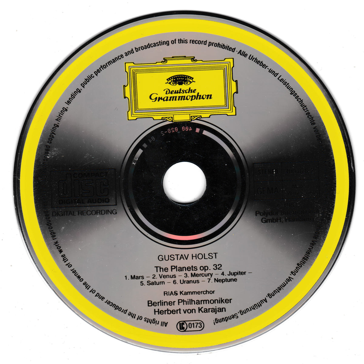 A CD disc for Gustav Holst's 'The Planets' Op. 32, featuring the Deutsche Grammophon logo in yellow and black, with a yellow outer ring on a black disc.