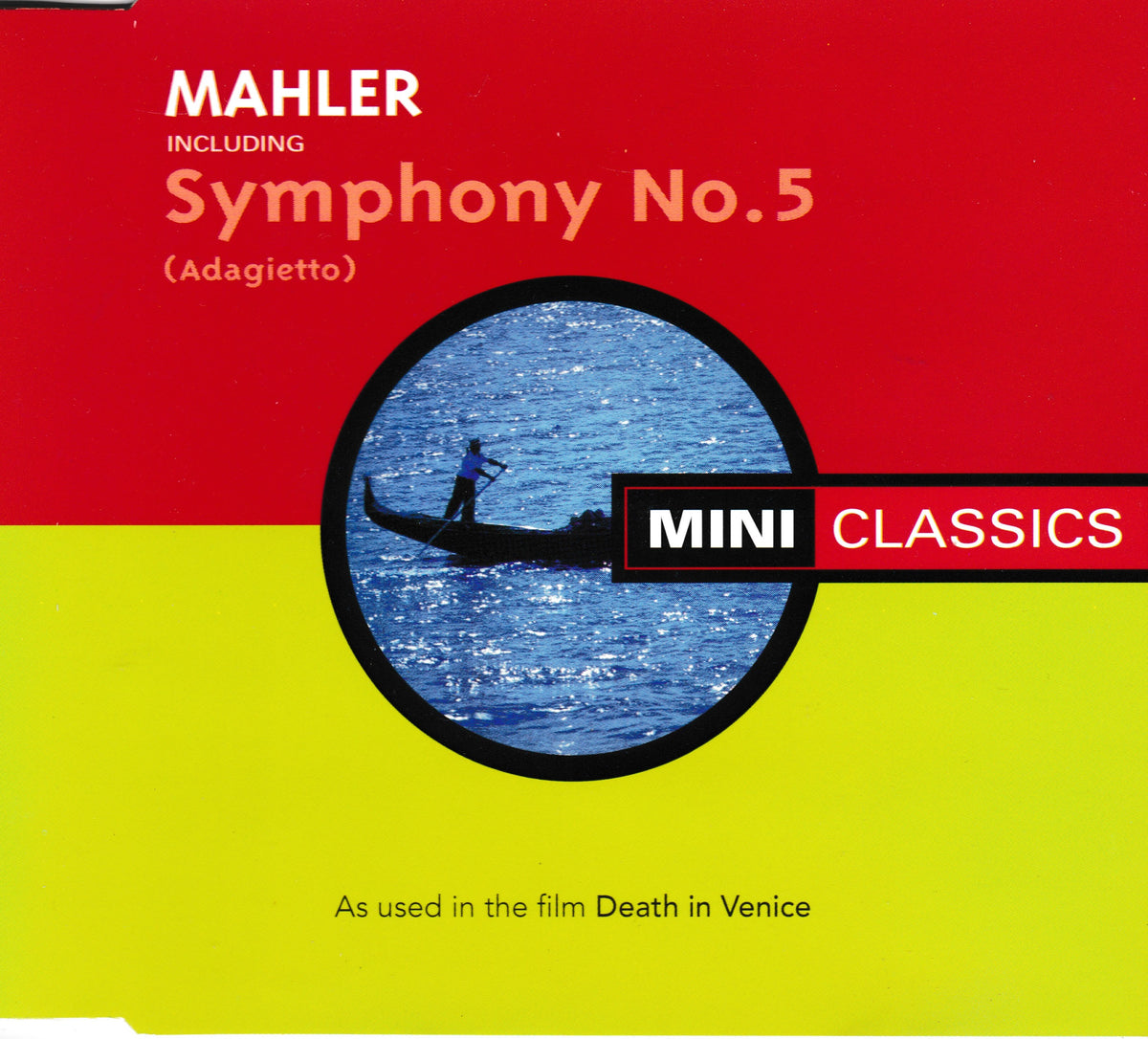 A square cover design for a music product featuring Mahler's Symphony No. 5 (Adagietto), with a bright red upper half, yellow lower half, and a circular inset photo of a gondola on blue water.