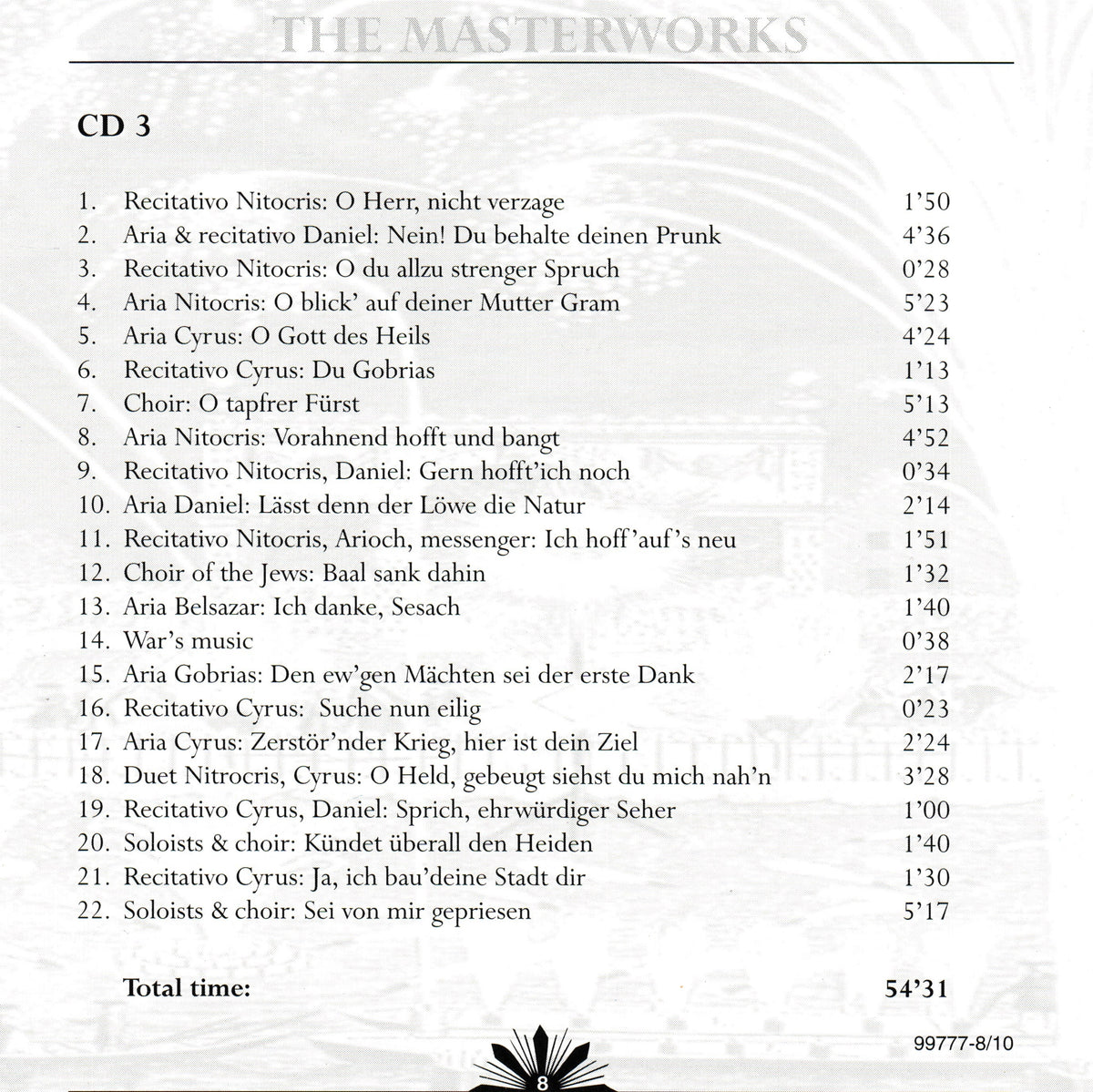 CD cover for 'The Masterworks' classical music collection, featuring a tracklist for CD 3 with classical vocal and instrumental pieces, set against a light gray background with a subtle floral pattern.