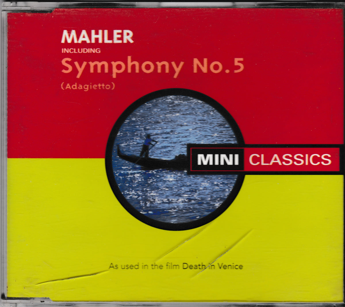 A CD cover for Mahler's Symphony No. 5 (Adagietto) under the Mini Classics label, featuring a bold red and yellow split background with a circular blue water scene in the centre.