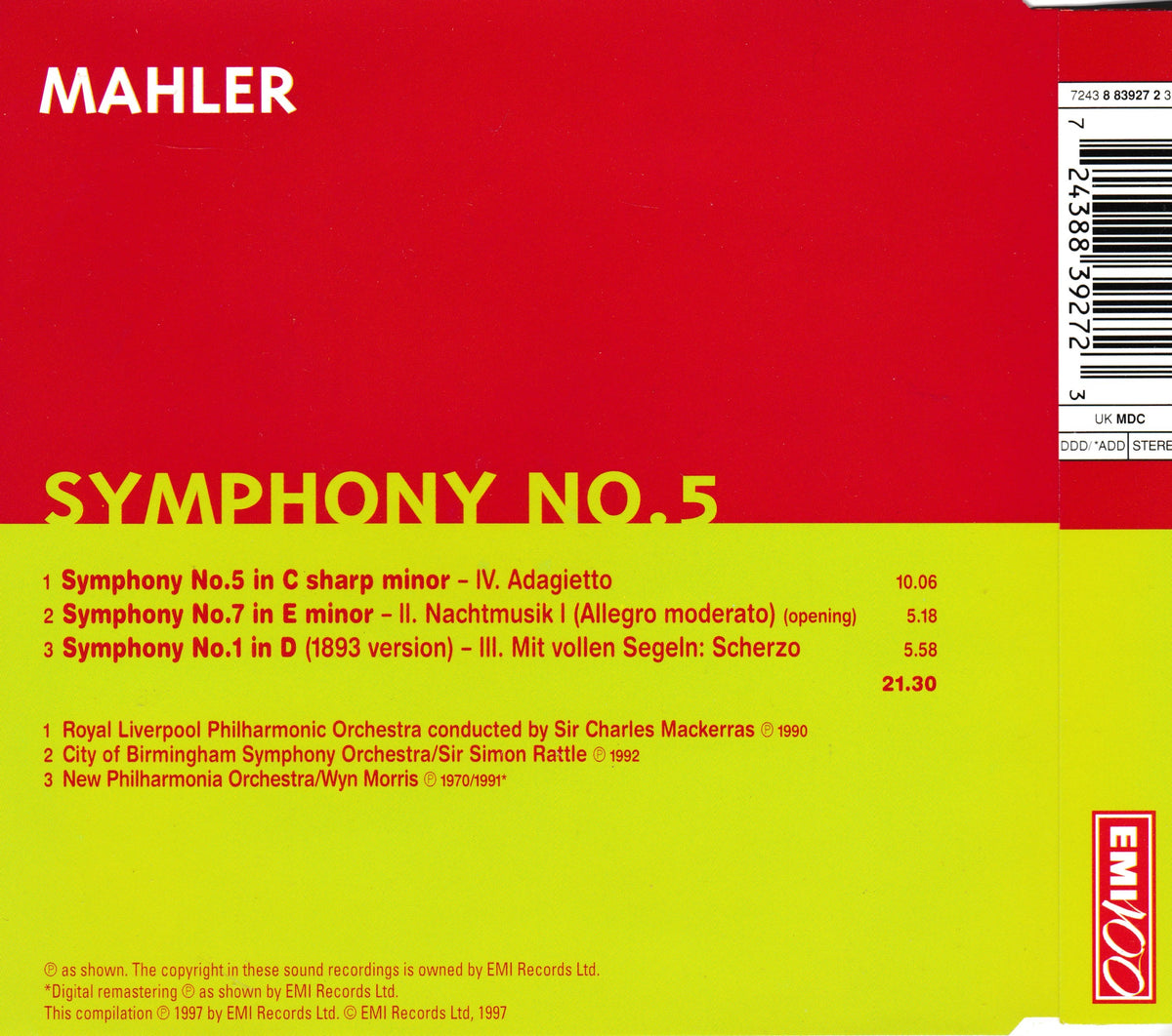 The back cover of an EMI Records CD of Mahler's Symphony No. 5, featuring a bold red and yellow-green design with track listings, conductor credits, and a barcode.
