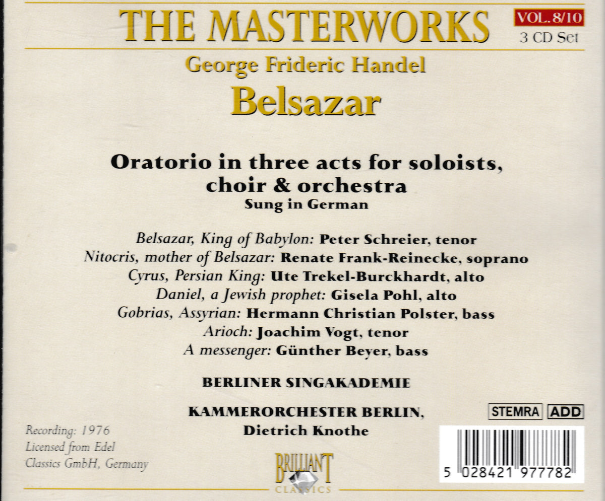 The back cover of a classical music CD set titled 'The Masterworks Vol. 8/10' featuring George Frideric Handel's 'Belsazar'.