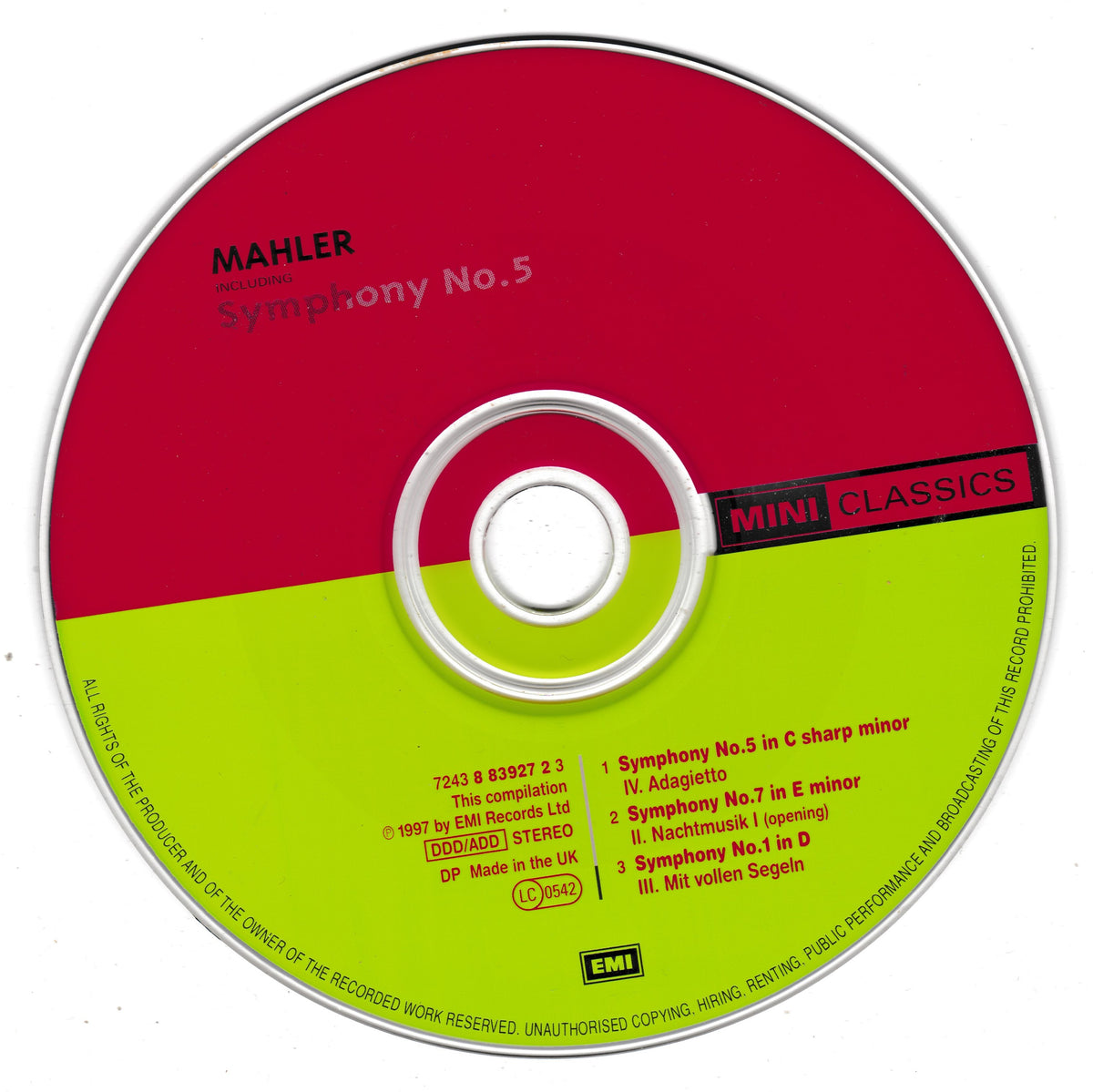 A compact disc for Mahler's Symphony No. 5 under the EMI Mini Classics label, featuring a red and lime green colour block design with white text and tracklist details.
