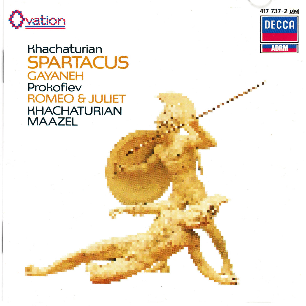 Decca Records album cover for 'Spartacus' by Khachaturian, featuring a gold-toned classical sculpture of a warrior and horse on a white background.