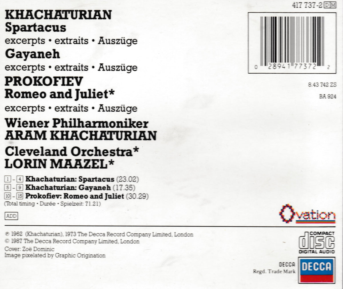 The back cover of a Decca CD album featuring the tracklist for 'Khachatarian'  and the Cleveland Orchestra, printed on a light gray background with a barcode and publisher logos.