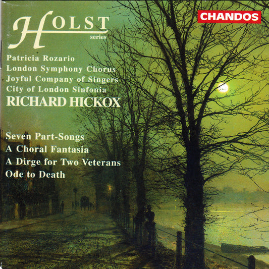 CD cover for Richard Hickox's 'Seven Part-Songs' on the Chandos label, featuring a moody green-toned winter landscape with bare trees, a path, and a glowing moon.