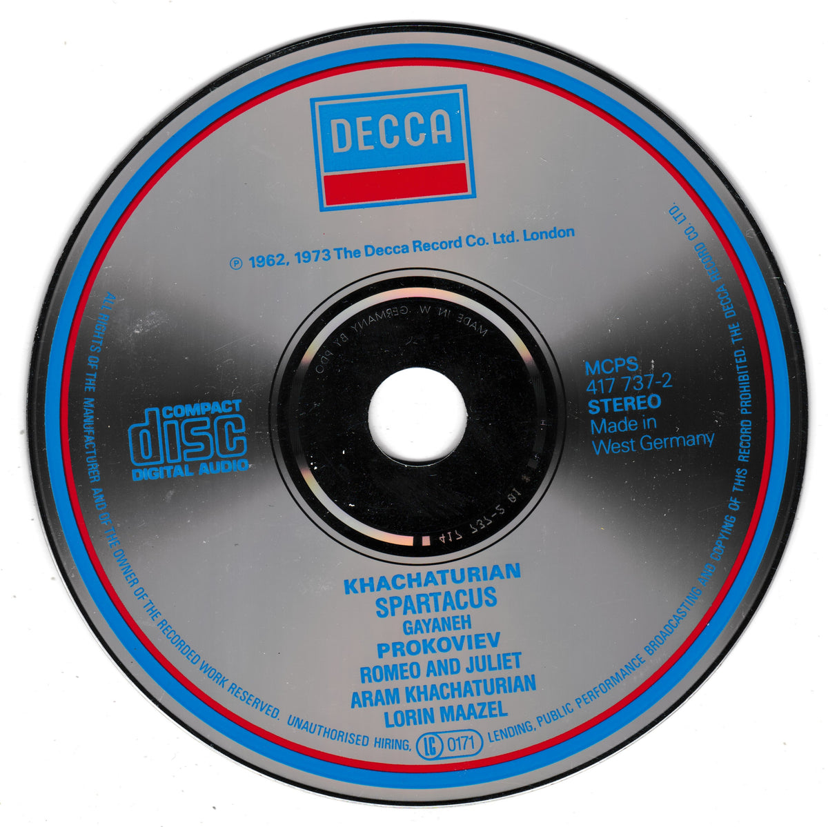 A vintage Decca CD single disc for 'Khachaturian - Spartacus', featuring blue and red printed text and branding on a reflective silver-gray disc.