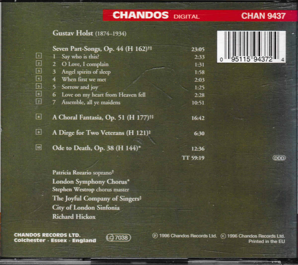 The back cover of a CHANDOS DIGITAL CD release for Gustav Holst's 'Seven Part-Songs, Op. 44'.