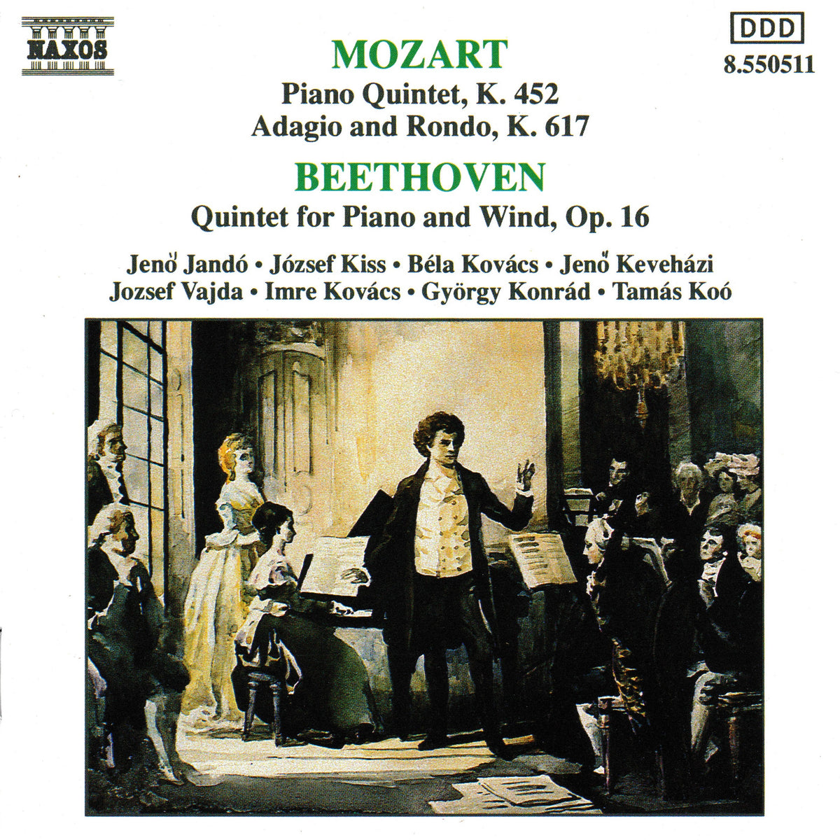 CD cover for a classical music compilation featuring Mozart and Beethoven quintets, with the Naxos Records logo in the top left, track titles and performer names listed above a historical painting of a piano concerto scene.