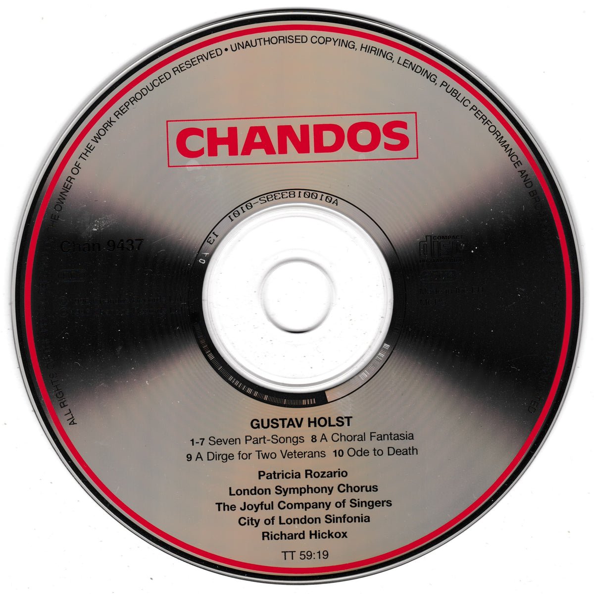 A Chandos CD for Gustav Holst's 'Seven Part Songs' with the Chandos logo in red at the top and tracklist text below, photographed on a white background.
