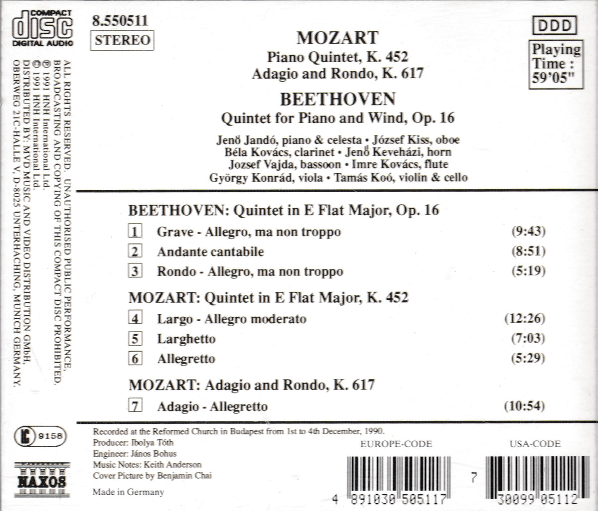 The back cover of a NAXOS CD release featuring Mozart's Piano Quintet K. 452 and Beethoven's Quintet for Piano and Wind, Op.16