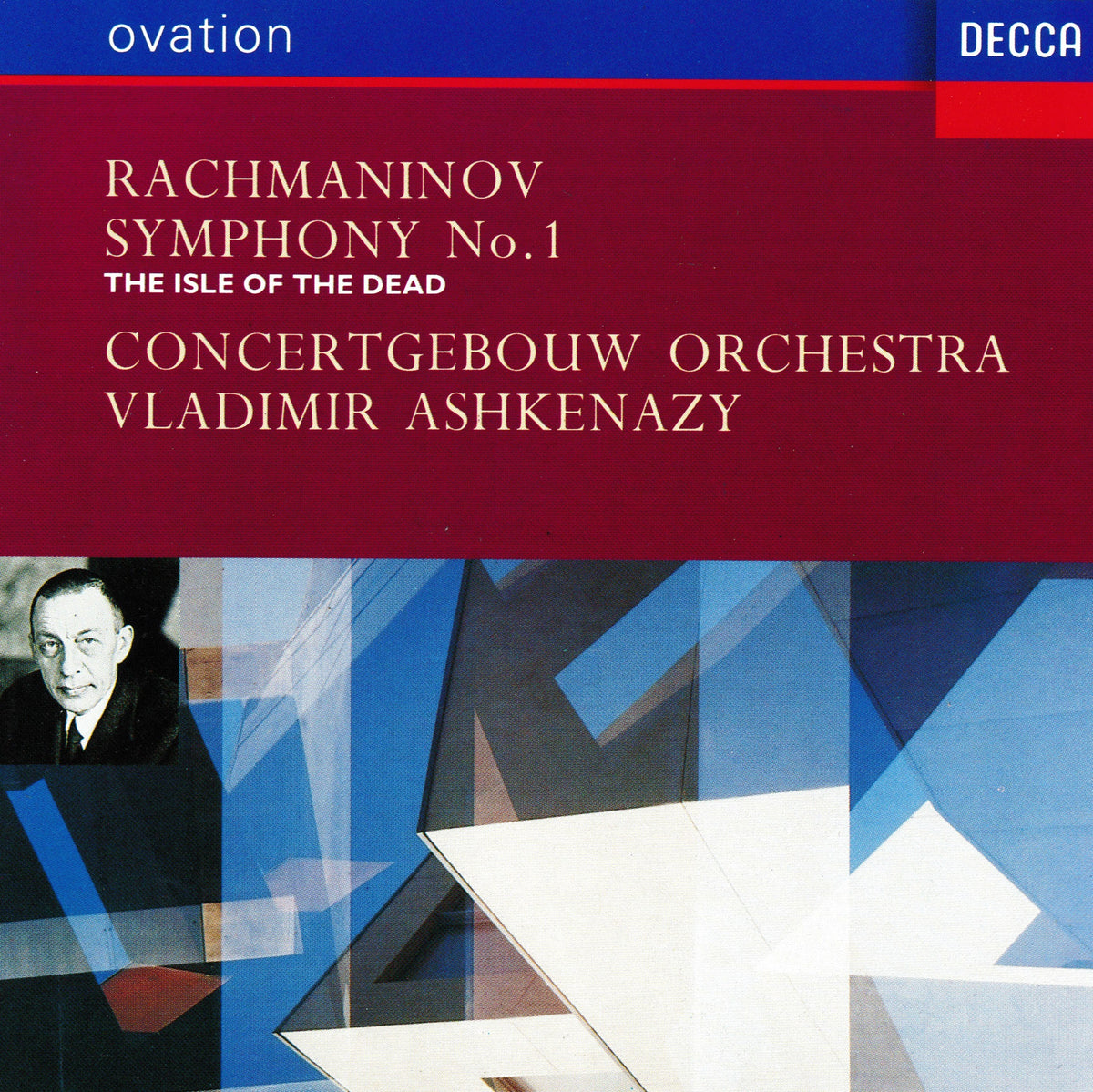 Rachmaninov Symphony No.1 'The Isle of the Dead' CD cover with the Concertgebouw Orchestra and Vladimir Ashkenazy, featuring a deep red upper section, blue geometric artwork, and a small portrait photo on the lower left.