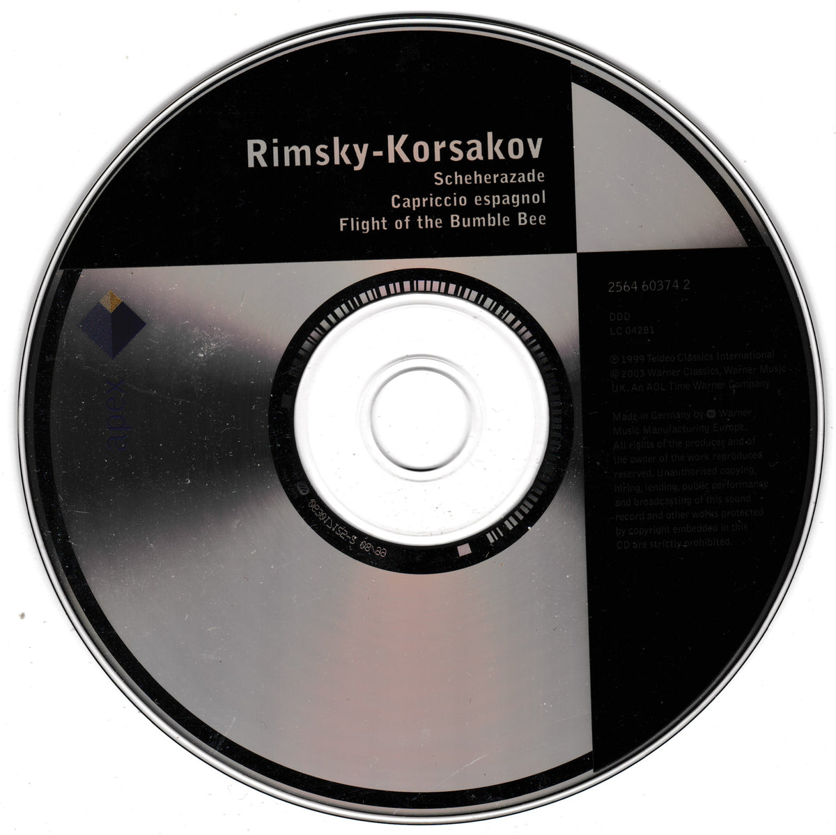 A compact disc with a black and silver label featuring the text 'Rimsky-Korsakov' and 'Scheherazade Capriccio espagnol Flight of the Bumble Bee'.