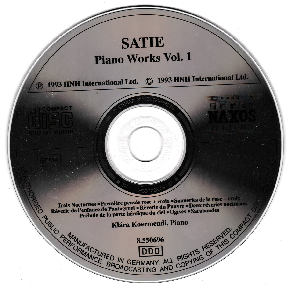 A compact disc for piano music titled 'SATIE Piano Works Vol. 1' by HNH International Ltd.