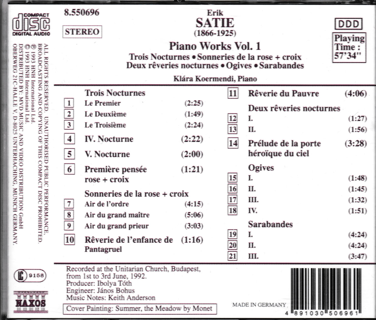 Back cover of a CD album for Erik Satie's Piano Works Vol. 1, showing the tracklist, catalog information, barcode, and recording details on a white background.