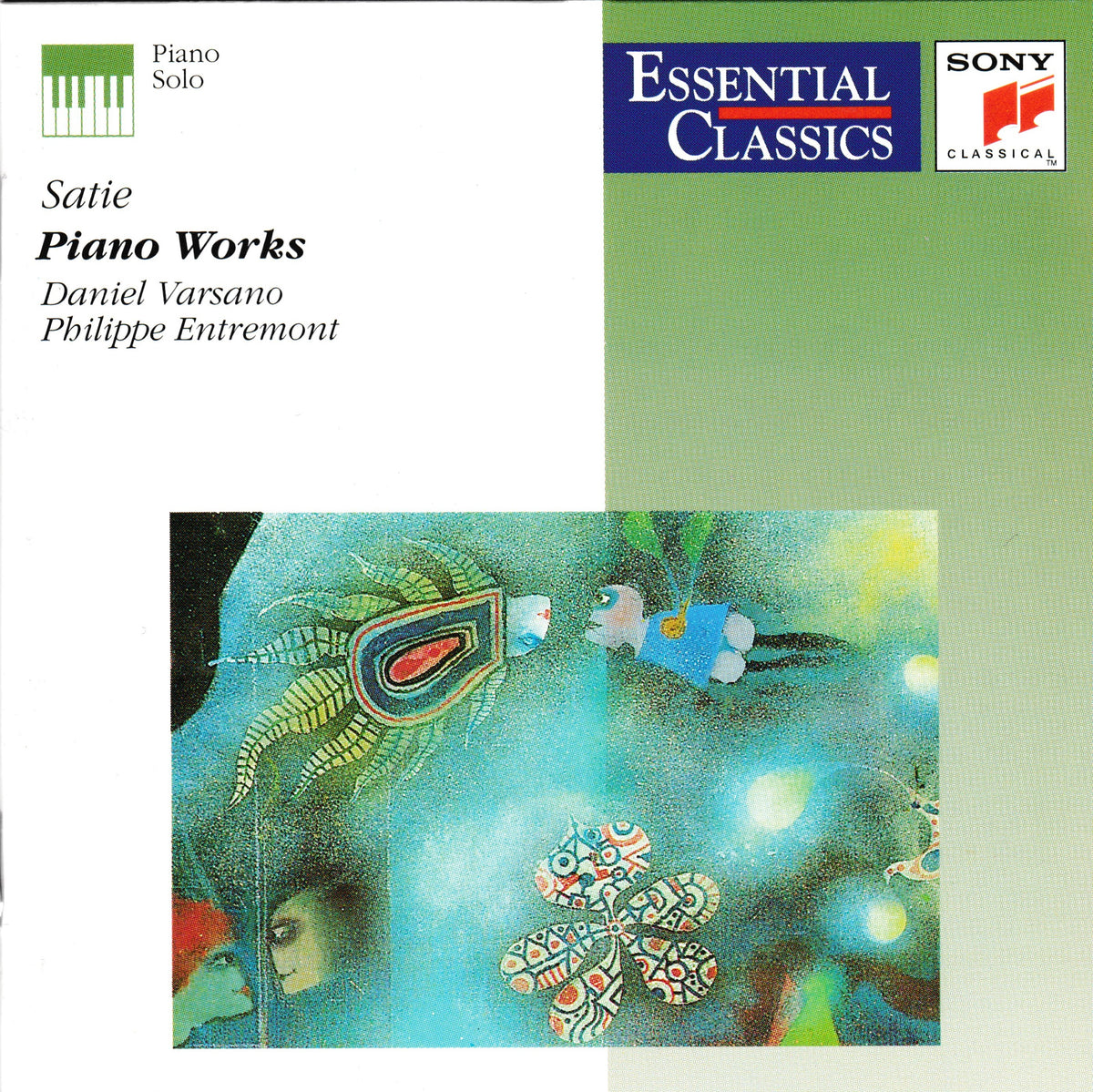 Album cover for 'Satie: Piano Works' on the Sony Classical Essential Classics label, featuring a white and green layout with a colourful abstract painting at the bottom.
