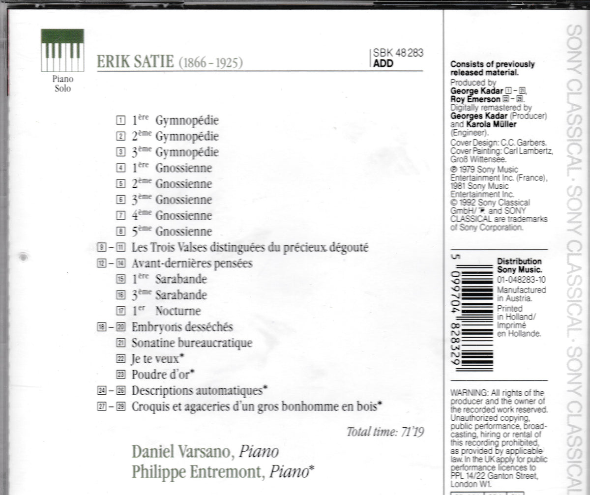 Back cover of a music product package for Erik Satie piano arrangements, showing track list, publisher text, barcode, and Sony Classical branding on a white background.
