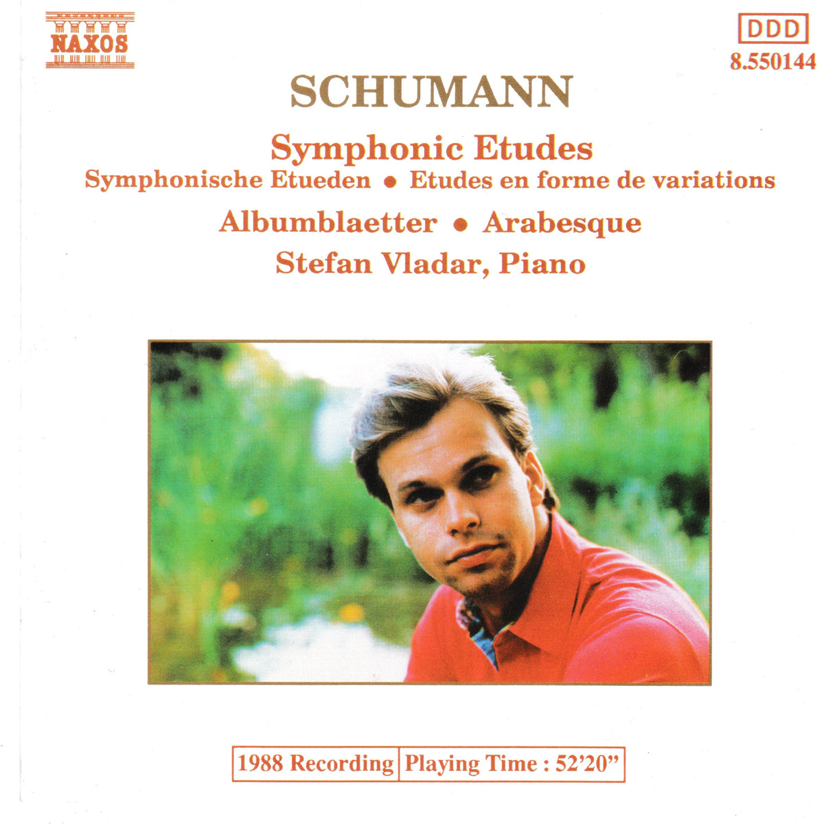 Schumann 'Symphonic Etudes' CD cover with Stefan Vladar pictured in a red shirt against a green blurred background, on a white cover with orange and brown text. Naxos logo visible at top left.