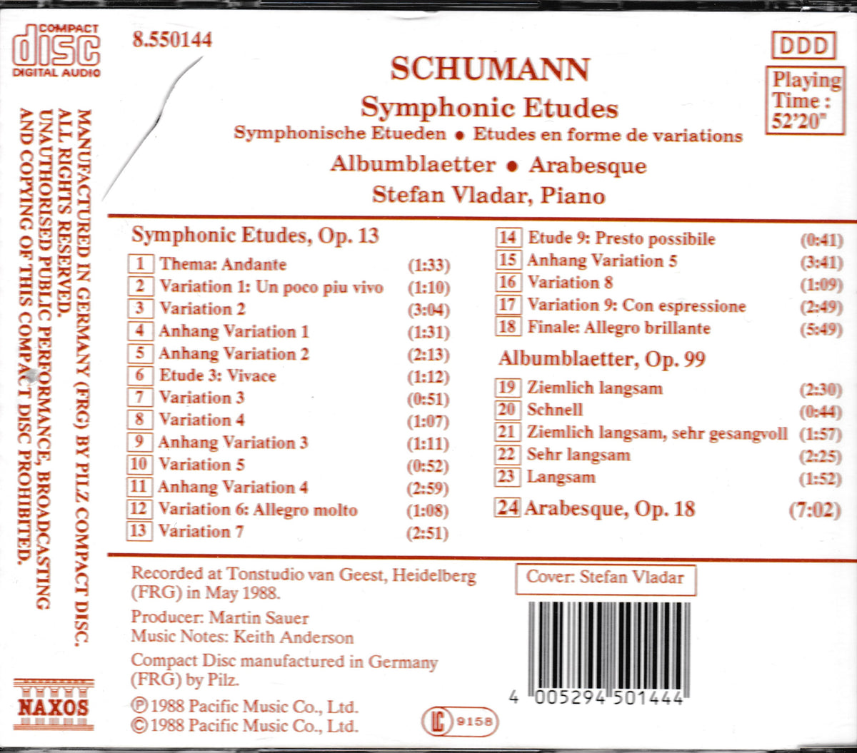 The back cover of a Schumann 'Symphonic Studies' CD by pianist Stefan Vladár, published by Naxos and released on Discraft. The cover features a white background with red and black text detailing the tracklist, credits, and playing time.